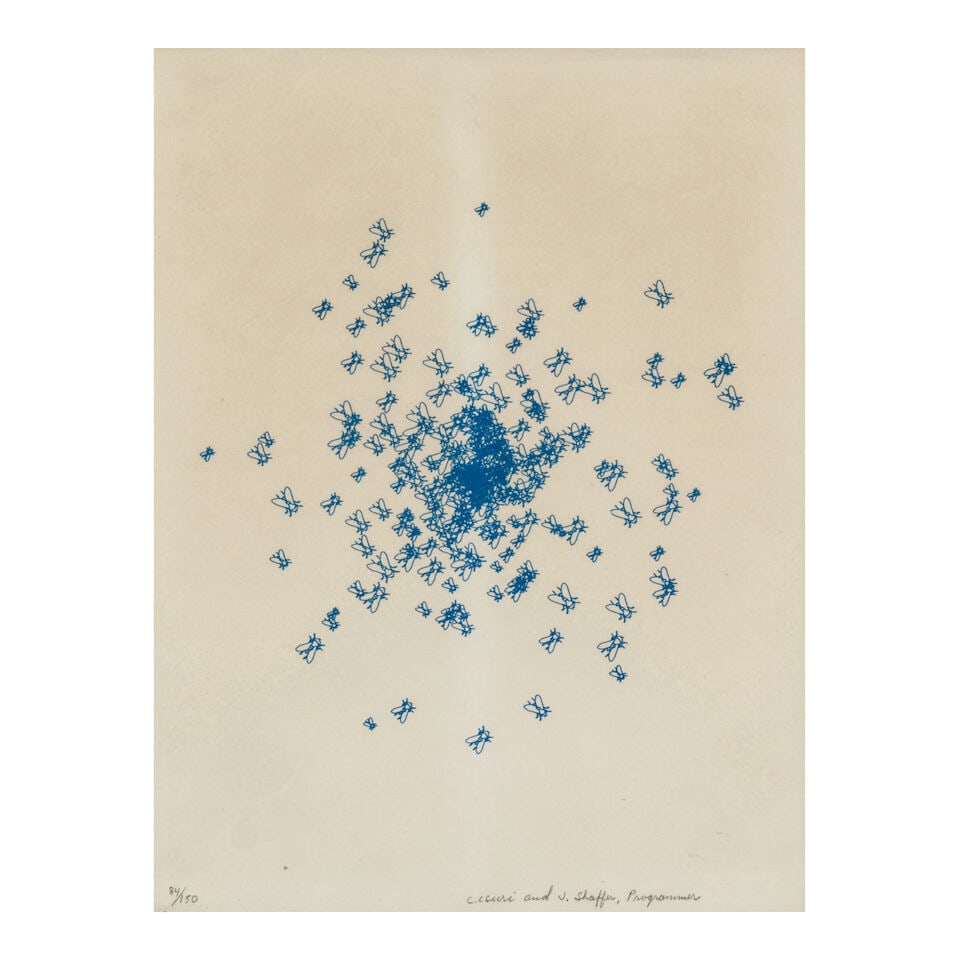 Charles Csuri (1922-2022); Flies;: Charles Csuri (1922-2022) Flies, 1967 Screenprint in blue on wove paper, signed in pencil by the artist and annotated 'James Schaffer, Programmer', numbered 84/150, with margins, framed. 8 3/4 x 8 5/8