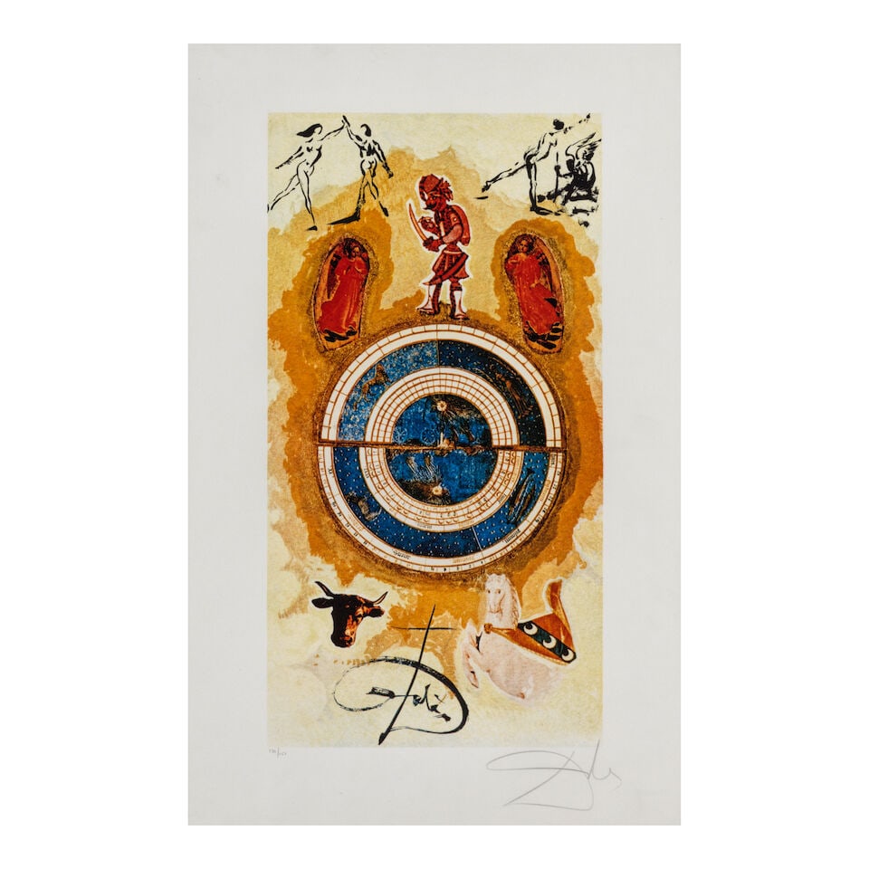Salvador Dalí (1904-1989); Wheel of Fortune, from Lyle Stuart Tarot Prints;: Salvador Dalí (1904-1989) Wheel of Fortune, from Lyle Stuart Tarot Prints (Field 78-1-A), 1978 Lithograph in colors on Rives BFK paper, signed in pencil and numbered 136/250, published by Lyle St