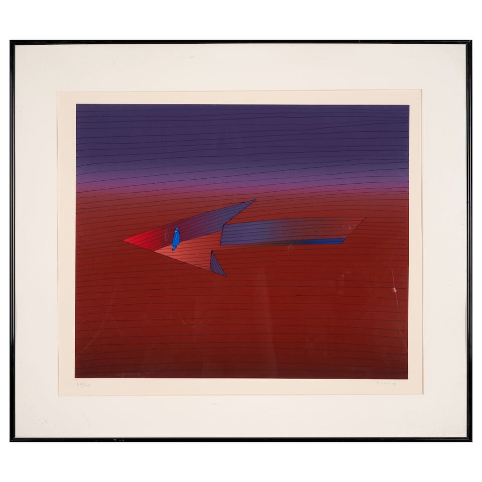 Jean-Michel Folon (Belgian, 1934-2005); Le Chemin;: Jean-Michel Folon (Belgian, 1934-2005) Le Chemin, 1985 Screenprint in colors on wove paper, signed in pencil, numbered 48/200, with margins, framed. 21 7/8 x 26 5/8 in. (55.6 x 67.7 cm) sheet 30 5/8 x