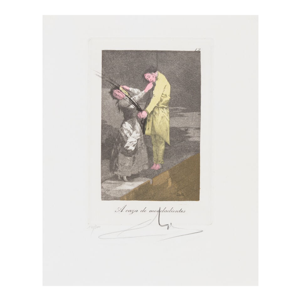 Salvador Dalí (1904-1989); A caza de mondadientes, from Les Caprices de Goya de Dalí;: Salvador Dalí (1904-1989) A caza de mondadientes, from Les Caprices de Goya de Dalí (Field 77-3-69), 1977 Etching and aquatint in colors on Rives BFK paper, signed in pencil, numbered 144/20