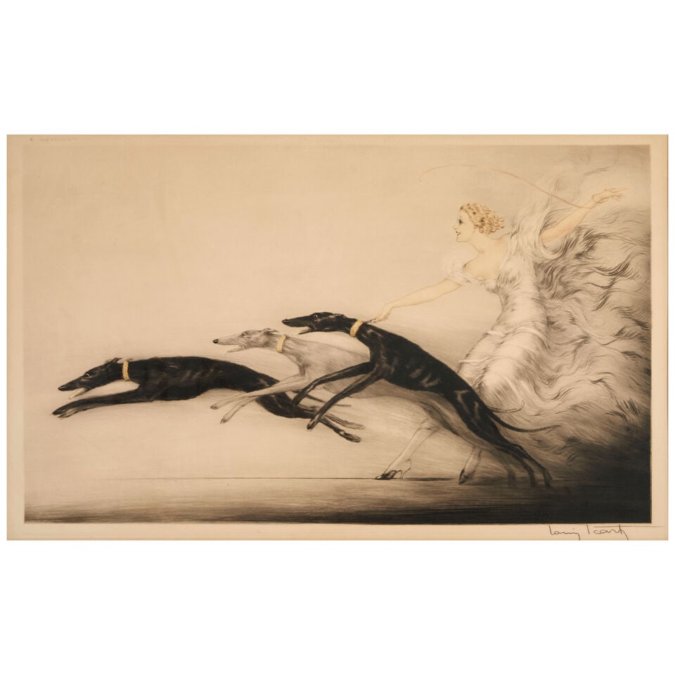 Louis Icart (1888-1950); Vitesse (Speed II);: Louis Icart (1888-1950) Vitesse (Speed II) (Holland 425), 1933 Etching and drypoint in colors on wove paper, signed in pencil, with the artist's windmill drystamp, with margins, laid down, framed. 15