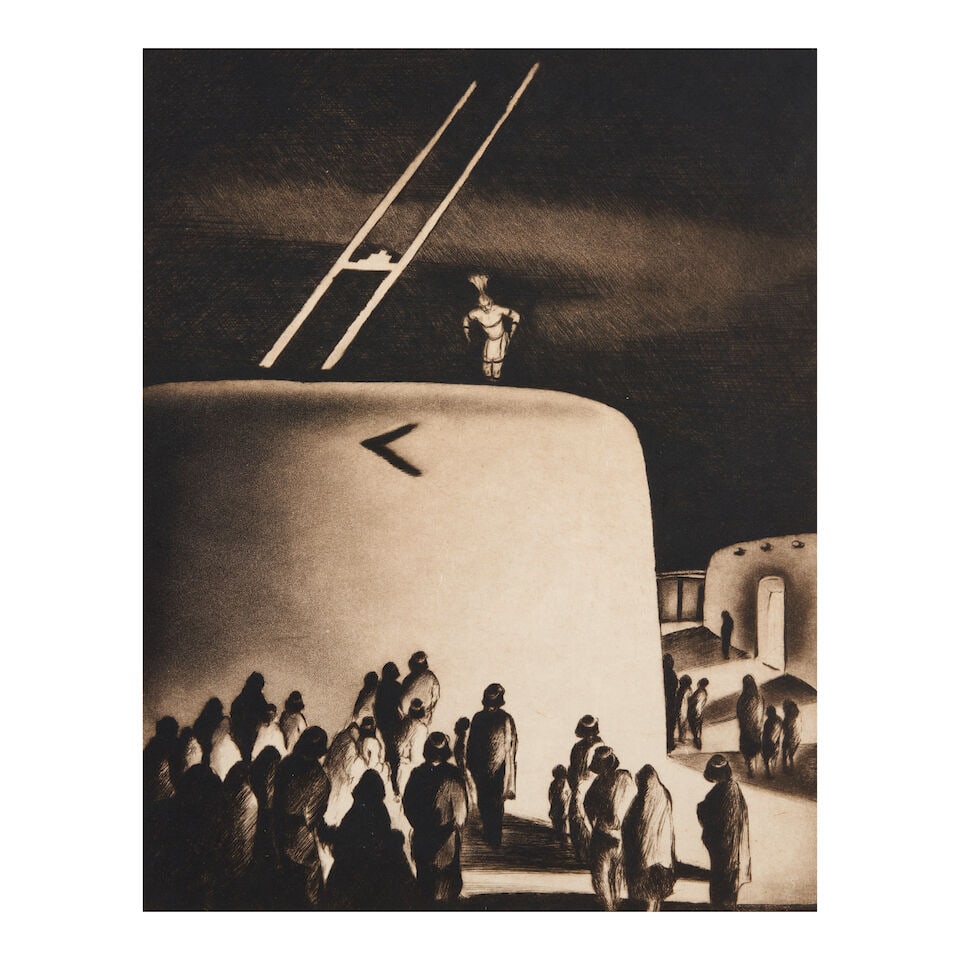 Gene Kloss (1903-1996); Eve of the Green Corn Ceremony - Domingo Pueblo;: Gene Kloss (1903-1996) Eve of the Green Corn Ceremony - Domingo Pueblo (Kloss 306), 1934 Drypoint and aquatint on laid paper, signed in pencil and titled, from the edition of 130, with margins. 14 x 1