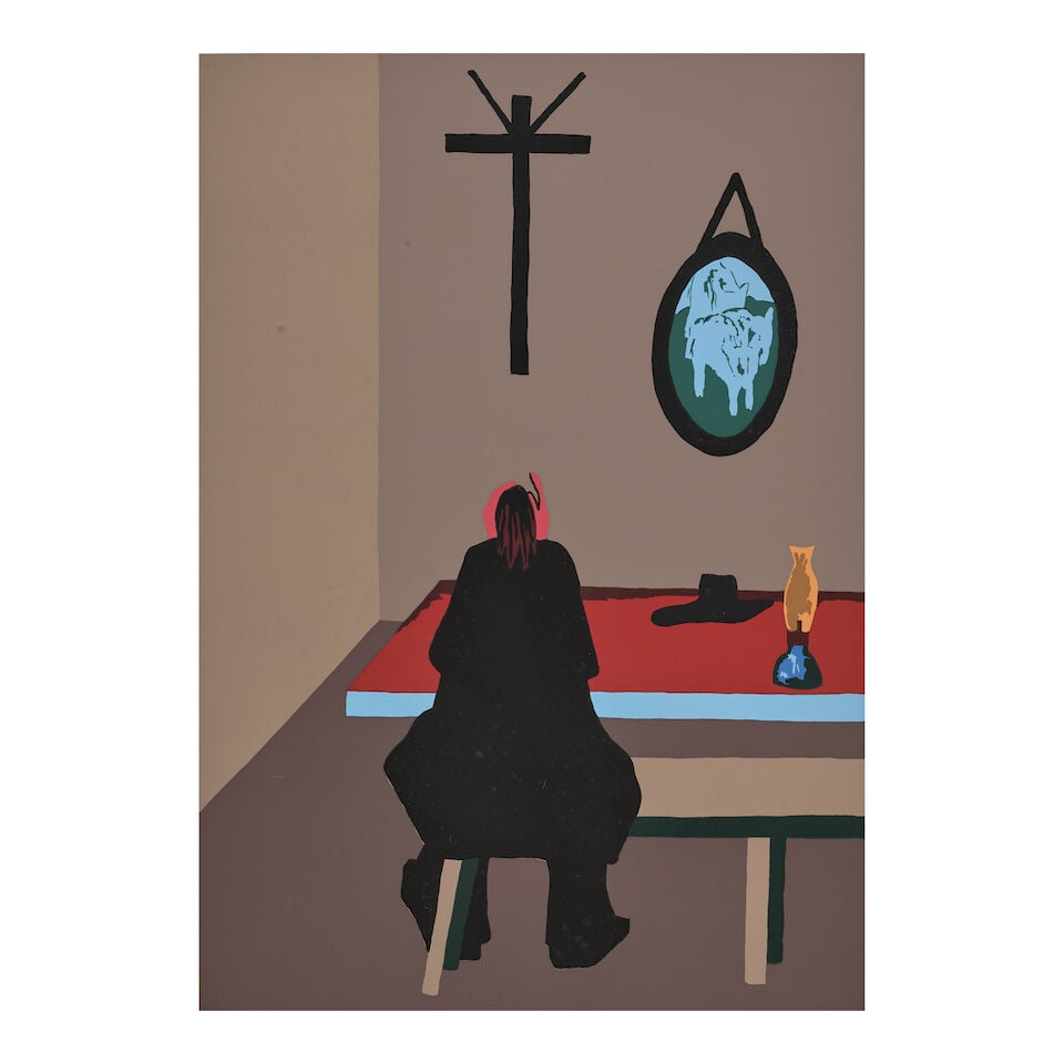 Jacob Lawrence (1917-2000); No. 4 His Adventures Failing Him, He Accepted Poverty, from The Lege...: Jacob Lawrence (1917-2000) No. 4 His Adventures Failing Him, He Accepted Poverty, from The Legend of John Brown (Nesbett L77-5), 1977 Screenprint in colors on Domestic Etching paper, an unsigned proof