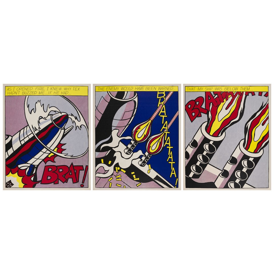Roy Lichtenstein (1923-1997); As I Opened Fire;: Roy Lichtenstein (1923-1997) As I Opened Fire (Corlett App.5), 1966 Offset lithograph in colors on three sheets of wove paper, published by Stedelijk Museum/Drukkerij Luii & Co., Amsterdam, with full
