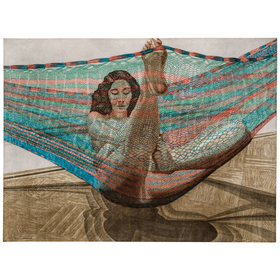 Philip Pearlstein (1924-2022); Nude in a Hammock;: Philip Pearlstein (1924-2022) Nude in a Hammock, 1982 Etching and aquatint in colors on wove paper, signed in pencil, titled, dated and numbered 50/50, printed by 724 Prints, New York, the full sheet,