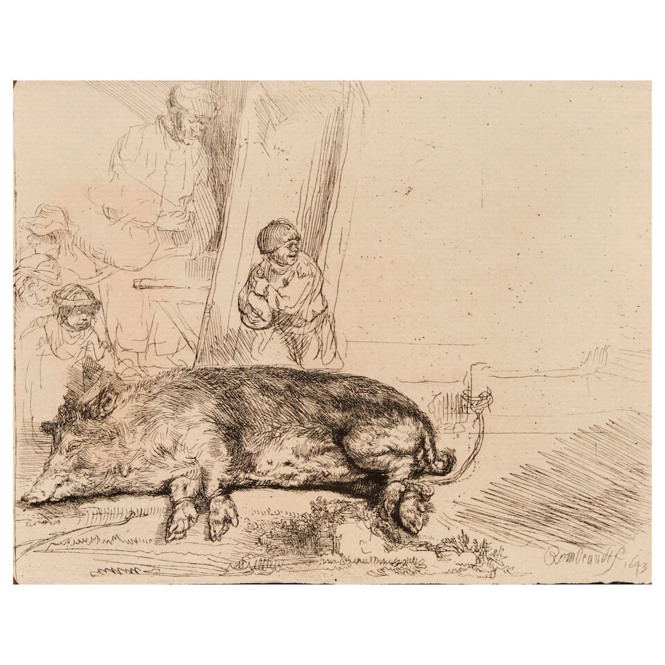 Rembrandt Harmensz van Rijn (1606-1669); The Hog;: Rembrandt Harmensz van Rijn (1606-1669) The Hog (Hollstein 157), 1643 Etching on laid paper, a later impression, Hollstein's second state (of two), with margins trimmed to platemark and rounded corner