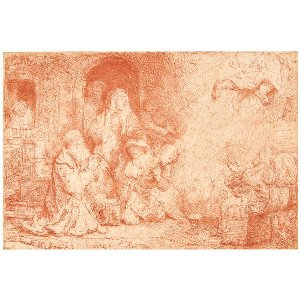 Rembrandt Harmensz van Rijn (1606-1669); The Angel Departing from the Family of Tobias;: Rembrandt Harmensz van Rijn (1606-1669) The Angel Departing from the Family of Tobias (Bartsch, Hollstein 43), 1641 Etching on laid paper, printed in red ink, Bartsch's second state (of four), with th