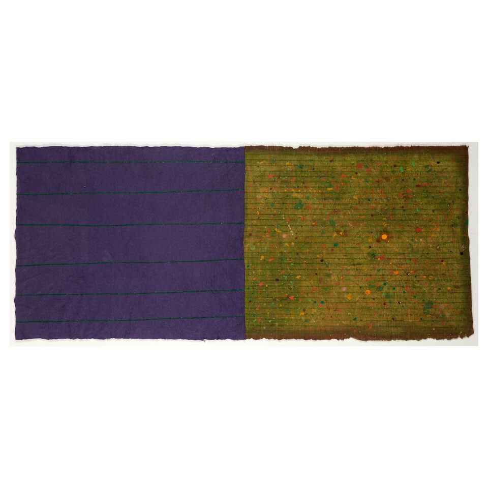 David Shapiro (1944-2014); Clearing;: David Shapiro (1944-2014) Clearing, 1989 Monoprint in colors on handmade paper, signed and dated in pink crayon, titled and annotated 'MP-1-89', the full sheet, framed. sheet 23 3/4 x 55 3/4 in. (60.3