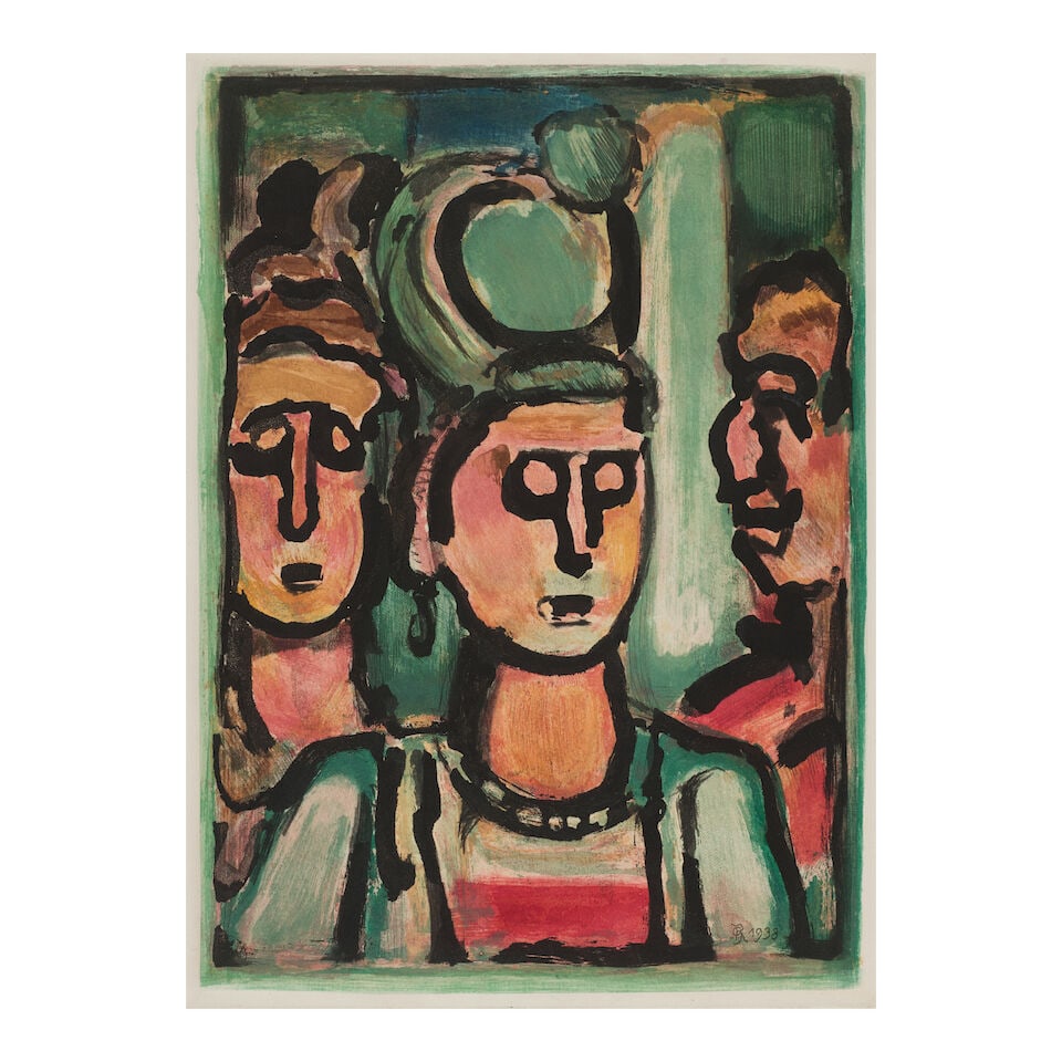 Georges Rouault (1871-1958); Trio, from Les Fleurs du Mal III; Le Noir Libéré, from Le...: Georges Rouault (1871-1958) Trio, from Les Fleurs du Mal III; Le Noir Libéré, from Les Réincarnations du Père Ubu (2 works) (Chapon/Rouault 280b; 15c), 1938; 1928 Two aquatints, Tr