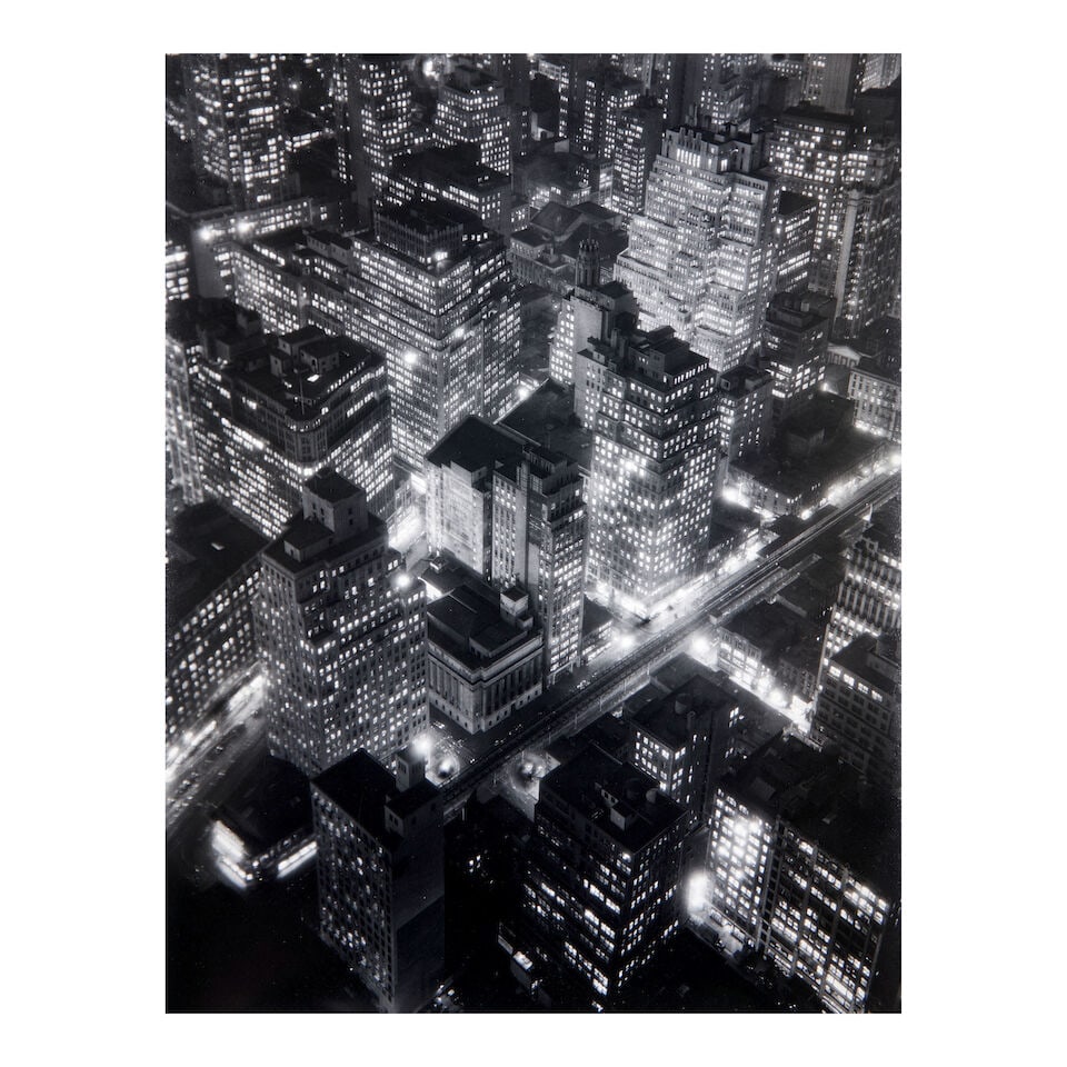 Berenice Abbott (1898-1991); New York at Night;: Berenice Abbott (1898-1991) New York at Night, 1932 Gelatin silver print, printed later; the photographer's 'Abbott, Maine' inkstamp on the verso. 13 3/4 x 10 5/8 in. (34.9 x 27.0 cm) sheet 14 x 11 in
