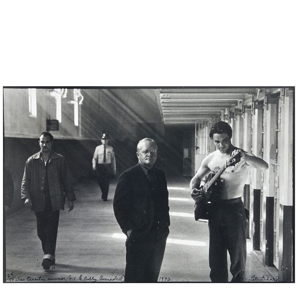 Peter Beard (1938-2020); 'San Quentin Summer (T.C. & Bobby Beausoleil)' (Truman Capote);: Peter Beard (1938-2020) 'San Quentin Summer (T.C. & Bobby Beausoleil)' (Truman Capote), 1972 Gelatin silver print, printed 1981; signed, titled, dated, and numbered '25/75' in ink on the image; framed