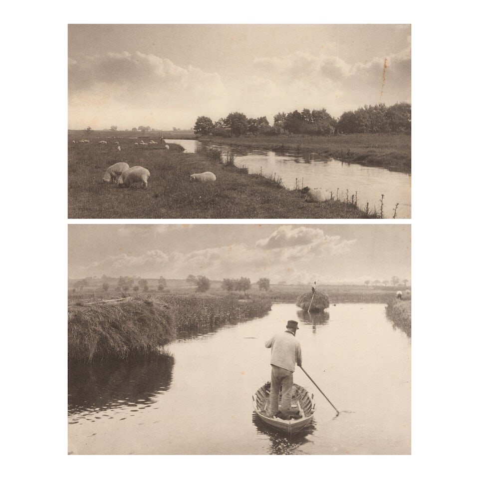 Peter Henry Emerson (1856-1936); Selected Images from 'Life and Landscape on the Norfolk Broads';: Peter Henry Emerson (1856-1936) Selected Images from 'Life and Landscape on the Norfolk Broads', 1886 Two platinum prints, including 'On the River Bure' and 'Quanting the Marsh Hay'; each mounted. ima