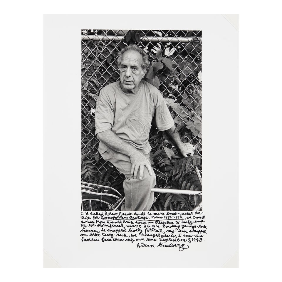 Allen Ginsberg (1926-1997); Robert Frank (New York City);: Allen Ginsberg (1926-1997) Robert Frank (New York City), 1993 Gelatin silver print, printed before 1995; signed, dated, and extensively annotated in ink in the margin, the photographer's copyright/cre