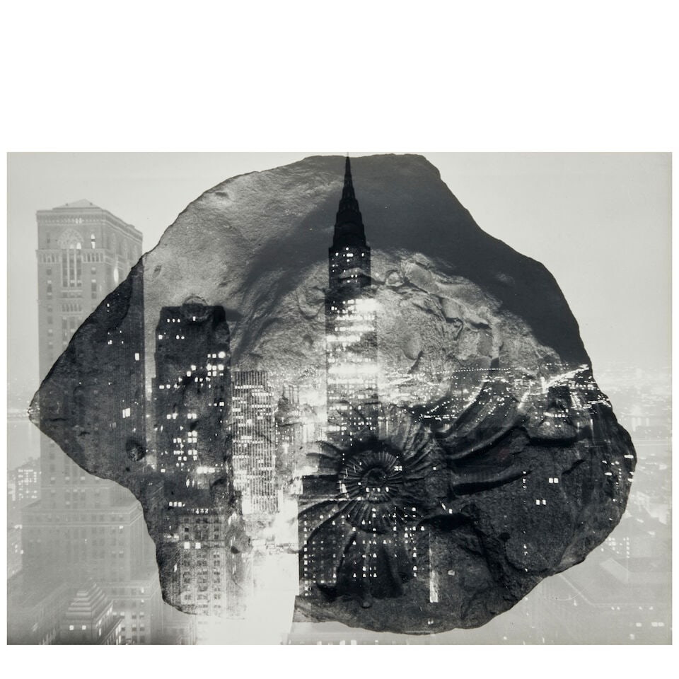 Barbara Morgan (1900-1992); 'Fossil in Formation (Photomontage)';: Barbara Morgan (1900-1992) 'Fossil in Formation (Photomontage)', 1965 Gelatin silver print, printed c. 1980; signed, titled, and dated in pencil on the mount, signed, titled, dated, and annotated in i