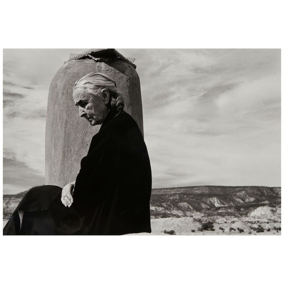 John Loengard (1934-2020); Georgia O'Keeffe on Roof, Ghost Ranch, NM;: John Loengard (1934-2020) Georgia O'Keeffe on Roof, Ghost Ranch, NM, 1967 Gelatin silver print, printed 2004; signed 'John Loengard' in ink lower right, titled in pencil on the verso; framed. 11 7/8 x