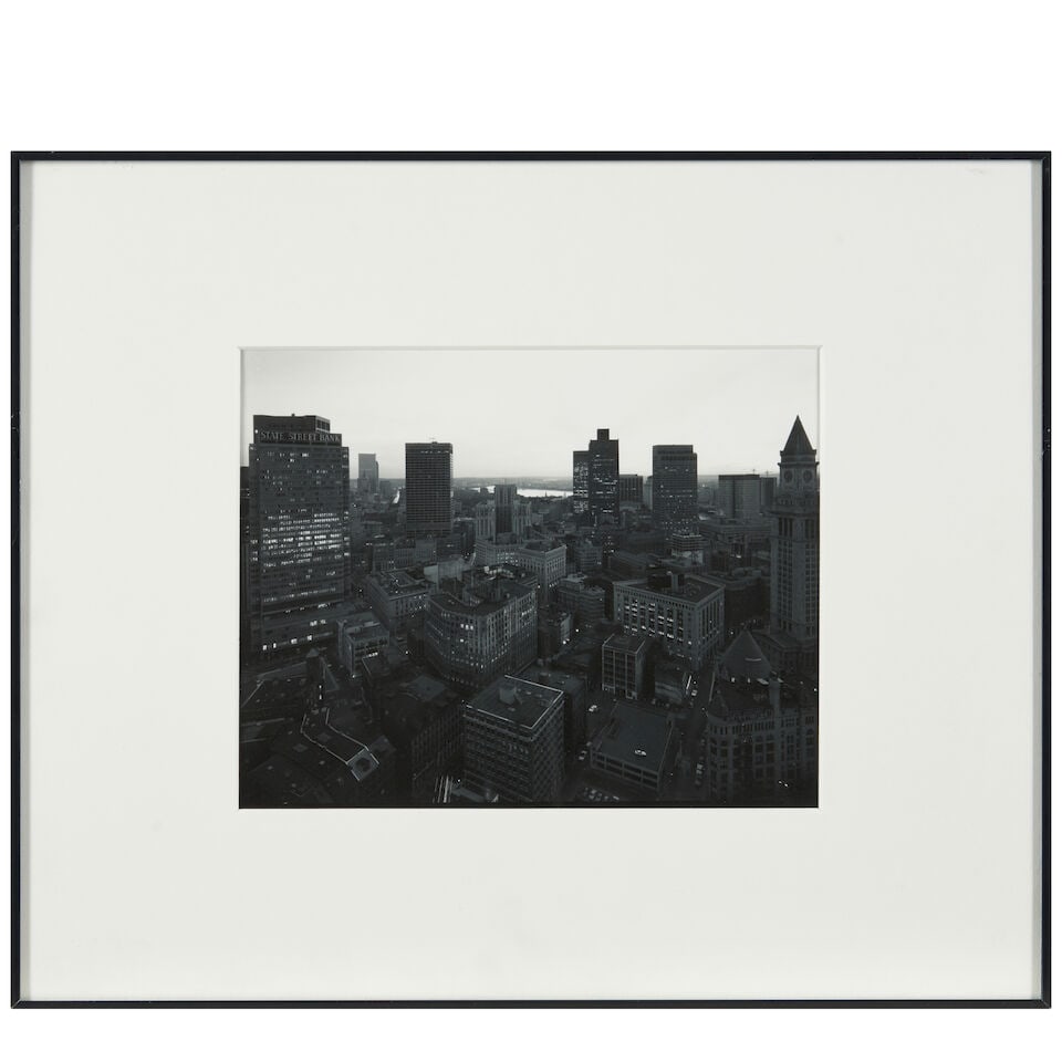 Nicholas Nixon (born 1947); View of Boston from Commercial Wharf;: Nicholas Nixon (born 1947) View of Boston from Commercial Wharf, 1975 Gelatin silver print; titled, dated, numbered, dedicated, and signed '35/50...Nicholas Nixon' in pencil on the verso; framed. 7 3/