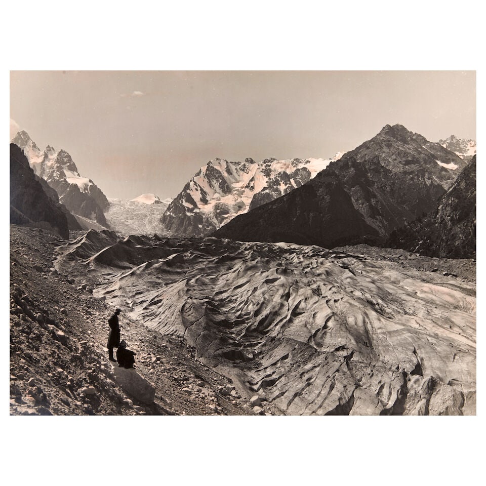 Vittorio Sella (1859-1943); Ghiacciaio Karakorum dalla morena destra (Alta Digoria);: Vittorio Sella (1859-1943) Ghiacciaio Karakorum dalla morena destra (Alta Digoria), c. 1890s Gelatin silver print; with the photographer's blindstamp lower right. 11 x 14 7/8 in. (27.9 x 37.8 cm) shee