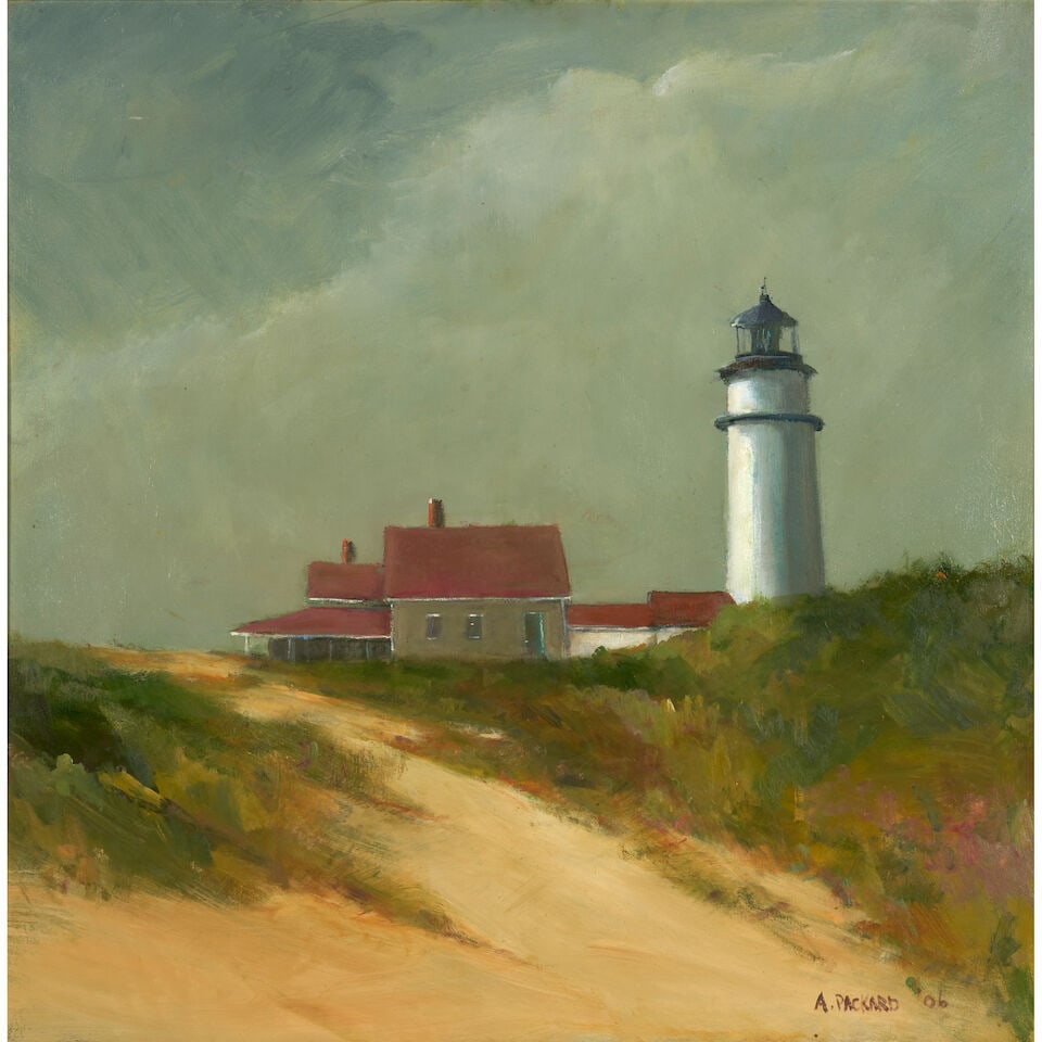Anne Packard (born 1933) Lighthouse 34 x 34 in. (86.4 x 86.4 cm.) (Painted in 2006.): Anne Packard (born 1933) Lighthouse signed and dated 'A. PACKARD '06' (lower right) and identified on a typed label (affixed to the stretcher) oil on canvas 34 x 34 in. (86.4 x 86.4 cm.) Painted in