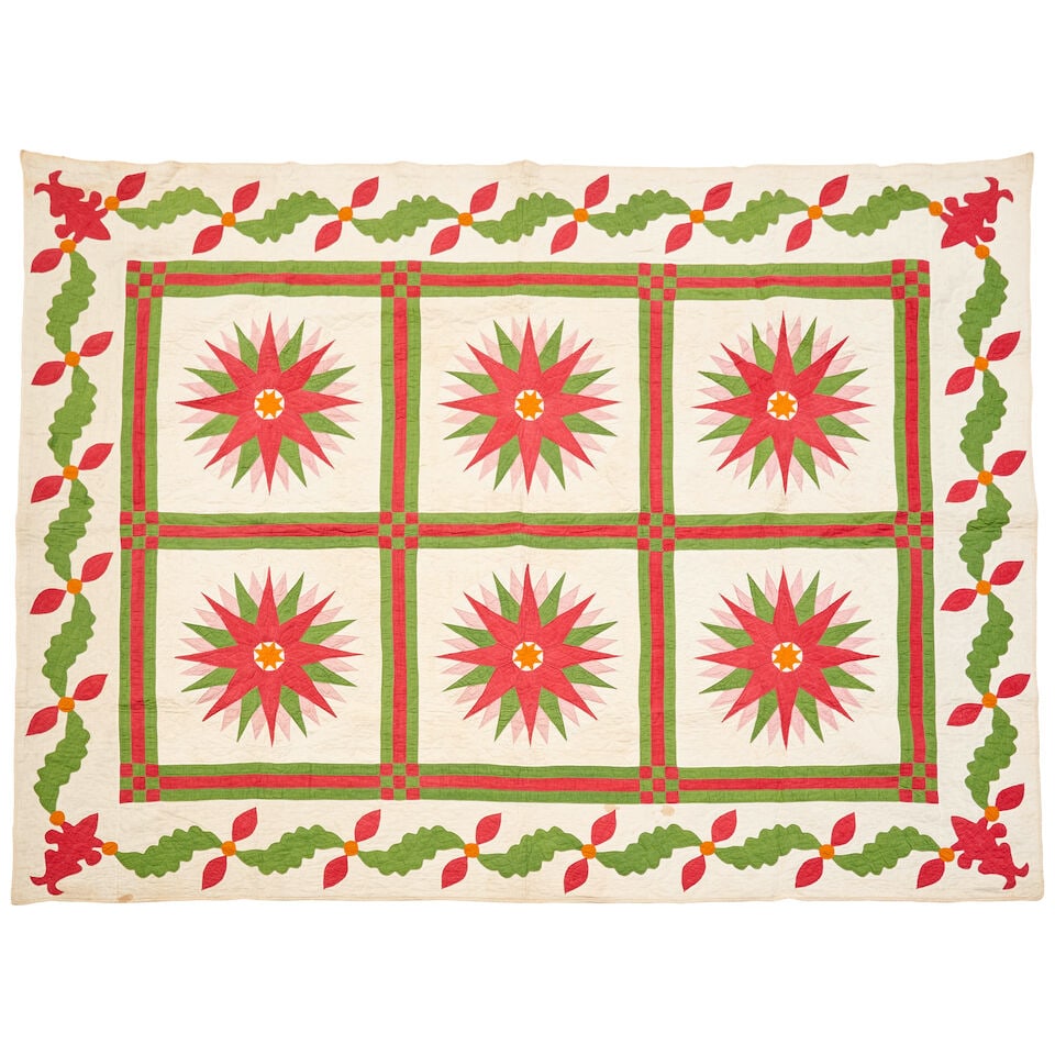 Pieced and Appliqued Mariner's Compass Quilt United States, c. 1855: Pieced and Appliqued Mariner's Compass Quilt United States, c. 1855 Dyed and printed cotton on white ground, forming six pieced compass-star blocks in triple-striped frames, all surrounded by an appli