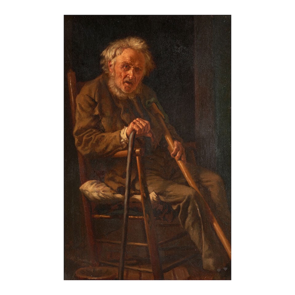 John George Brown (1831-1913) Old Man Seated in Chair 23 x 15 in. (58.4 x 38.1 cm.) (Painted in ...: John George Brown (1831-1913) Old Man Seated in Chair signed and dated 'J.G. Brown N.A. / 1880' (lower left) oil on canvas 23 x 15 in. (58.4 x 38.1 cm.) Painted in 1880. Footnotes: Brown began paintin
