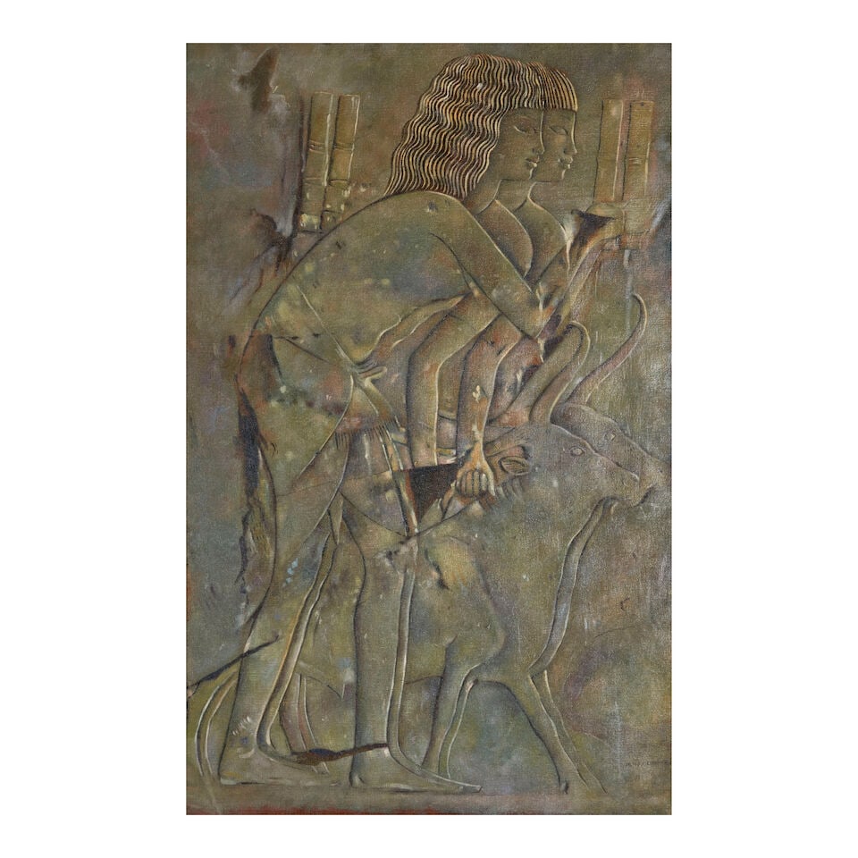 Joseph Lindon Smith (1863-1950) Two Men Driving Oxen 29 1/4 x 19 in. (74.3 x 48.3 cm.) (Painted ...: Joseph Lindon Smith (1863-1950) Two Men Driving Oxen signed 'JOSEPH LINDON SMITH' (lower right) oil on canvas behind glass 29 1/4 x 19 in. (74.3 x 48.3 cm.) Painted circa