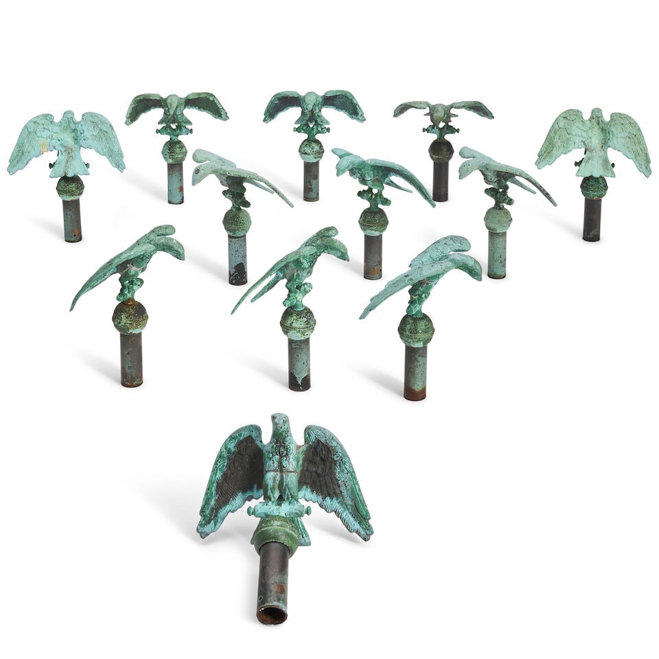 Set of Twelve Small Brass Eagle Finials United States, c. 1900: Set of Twelve Small Brass Eagle Finials United States, c. 1900 Each perched spread-wing eagle figure cast in two parts, threaded bolt at base fitted to the top of a vertical rod, with separate