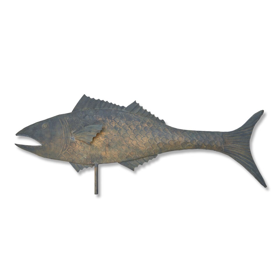 Gilt Copper Fish Weathervane United States, early 20th century: Gilt Copper Fish Weathervane United States, early 20th century The flattened body molded with scales, gills, and eyes, soldered with crimped sheet copper fins, mellow patina with traces of gold leaf,