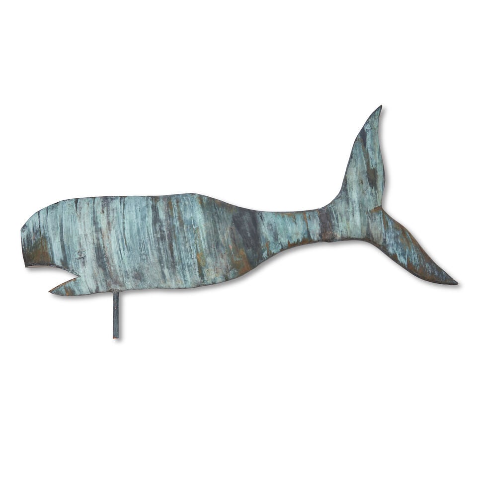 Copper Whale Weathervane United States, 20th century: Copper Whale Weathervane United States, 20th century Flattened body with verdigris patina and traces of gold leaf, includes custom bracket for wall mounting, overall wd. 39, dp. 3, ht. 13 1/2 in. Foot