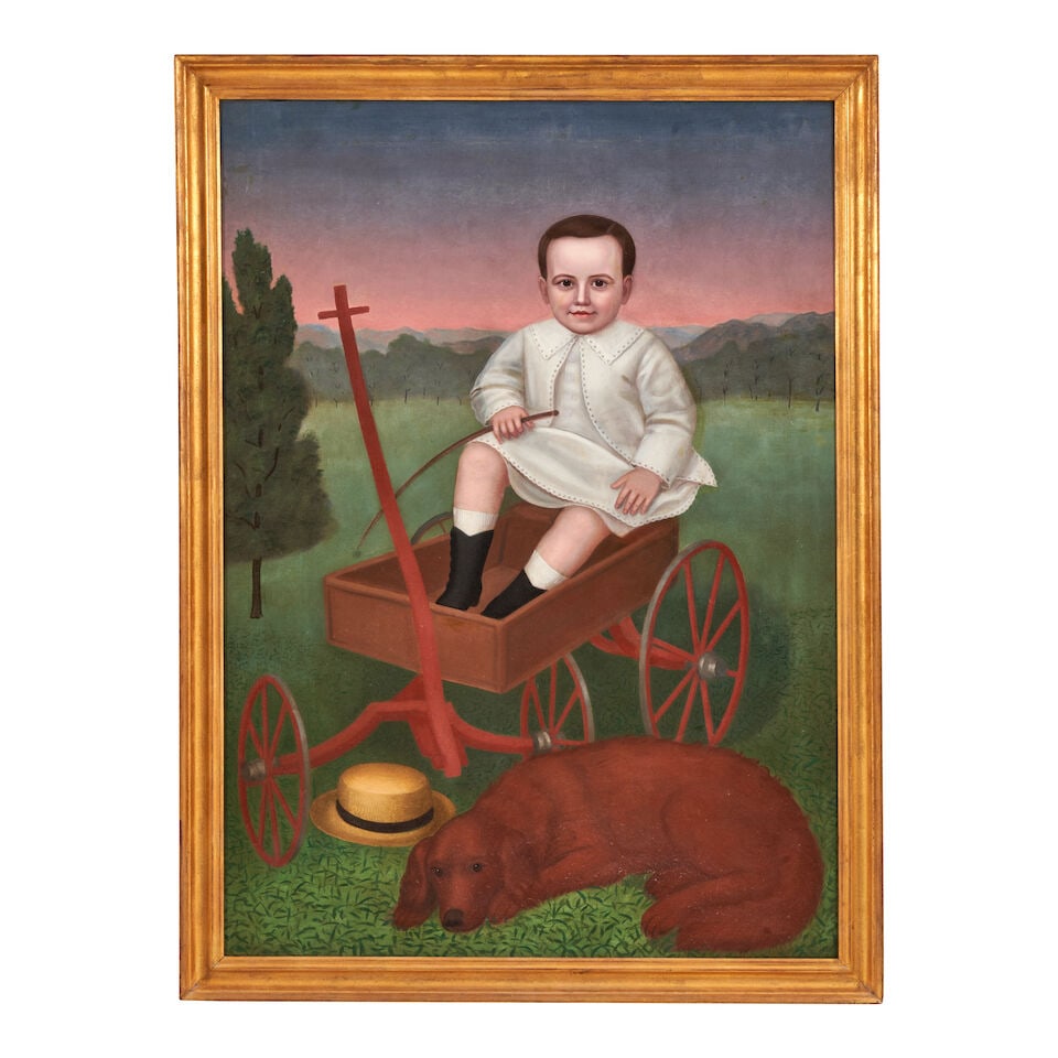 American School Portrait of a Boy in a Red Wagon with a Dog 54 x 39 in. (137.2 x 99.1 cm.) (1 of 2)