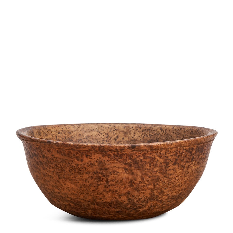Turned Burl Bowl: Turned Burl Bowl Molded rim and foot carved with incised borders, diam. 8, ht. 3 1/4 in. This lot is subject to the following lot symbols: ¤ ¤ Unless indicated by the ¤ symbol next to t