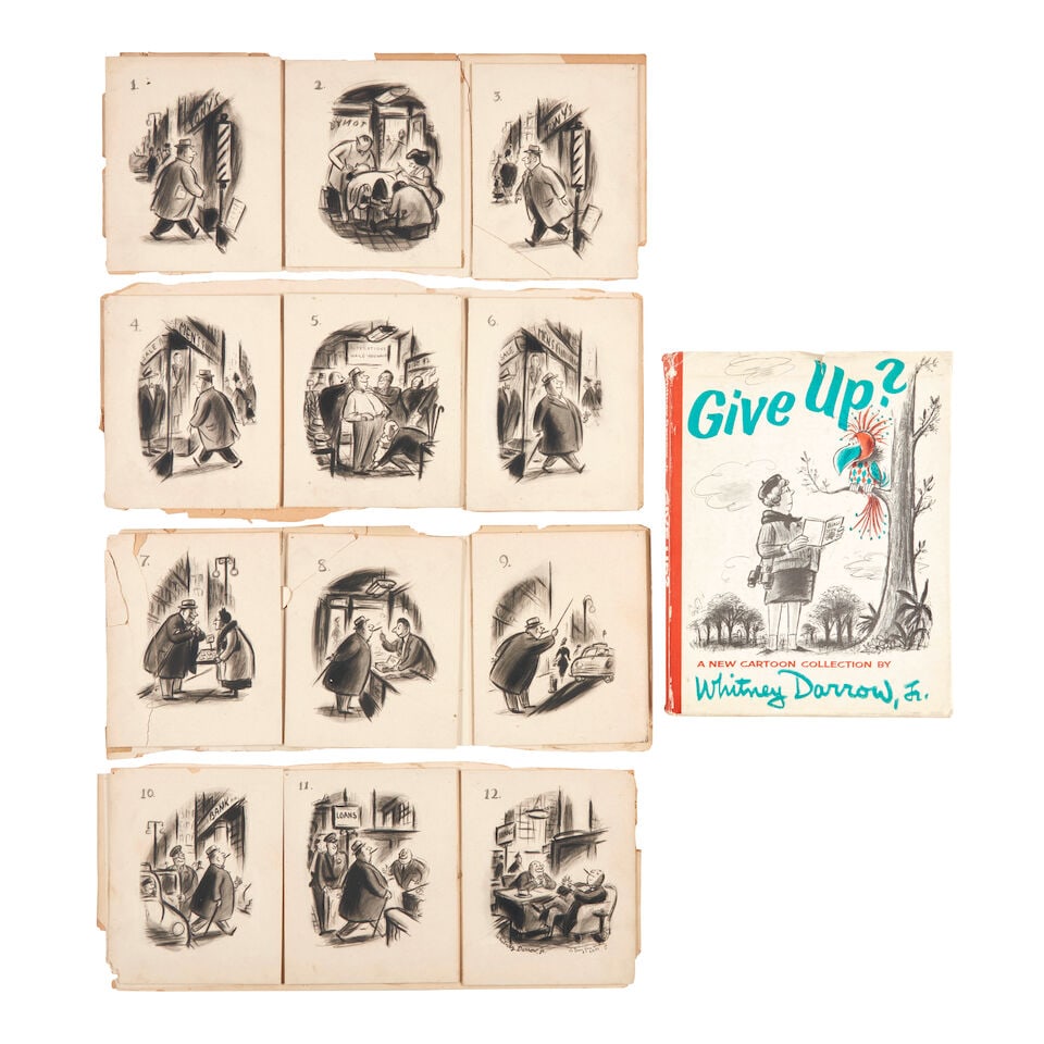 Whitney Darrow Jr. (1909-1999) Charcoal Illustrations for The New Yorker (Group of Twelve) each ...: Whitney Darrow Jr. (1909-1999) Charcoal Illustrations for The New Yorker (Group of Twelve) panel 12 signed, inscribed, and dated 'Whitney Darrow, jr. / To Doug from Whitney / 2/4/50' (along the