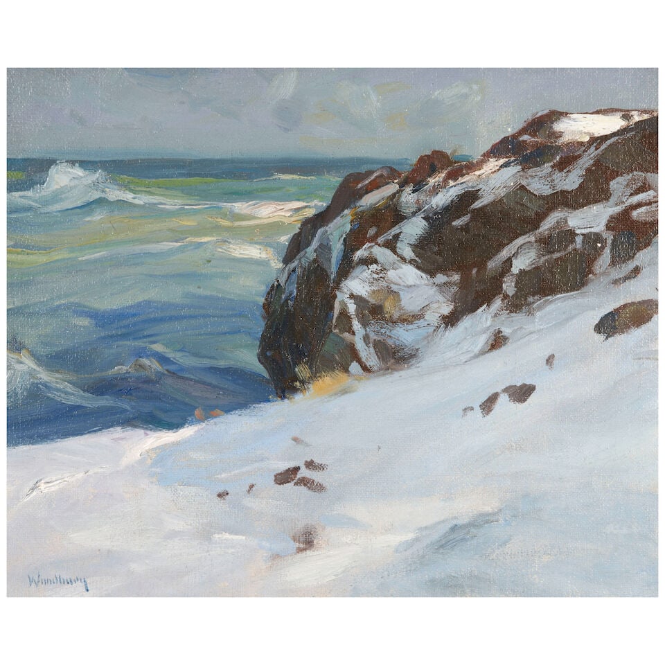 Charles Herbert Woodbury (1864-1940) Winter Coast 17 x 21 in. (43.1 x 53.3 cm.): Charles Herbert Woodbury (1864-1940) Winter Coast signed 'Woodbury' (lower left) and titled on a gallery label (affixed to the reverse) oil on canvas 17 x 21 in. (43.1 x 53.3