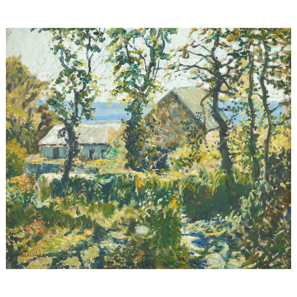 Walter Elmer Schofield (1867-1944) Looking Toward the Sea 21 3/4 x 18 3/4 in. (55.2 x 47.6 cm.): Walter Elmer Schofield (1867-1944) Looking Toward the Sea signed 'Schofield' (lower left) and titled in pencil (on a label affixed to the stretcher) oil on canvas 21 3/4 x 18 3/4 in. (55.2 x 47.6