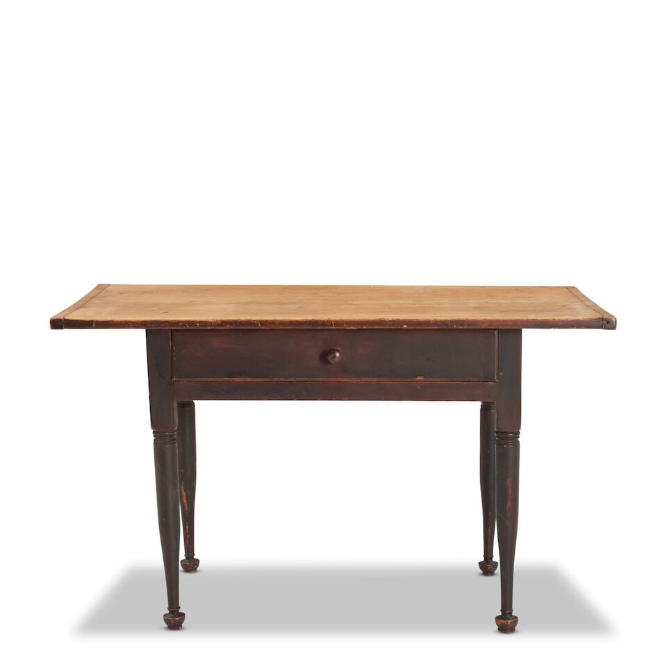 A Fine Country Painted Pine Tavern Table probably Pennsylvania, 19th Century: A Fine Country Painted Pine Tavern Table probably Pennsylvania, 19th Century Single-board top with breadboard ends above a wide drawer set into a skirt supported by four attractively proportioned turn