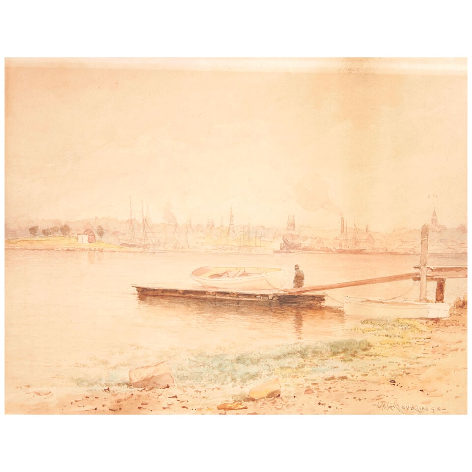 Charles Henry Gifford (1839-1904) On the Pier in a Quiet Harbor sheet size 10 5/8 x 14 in. (27.0... (1 of 3)