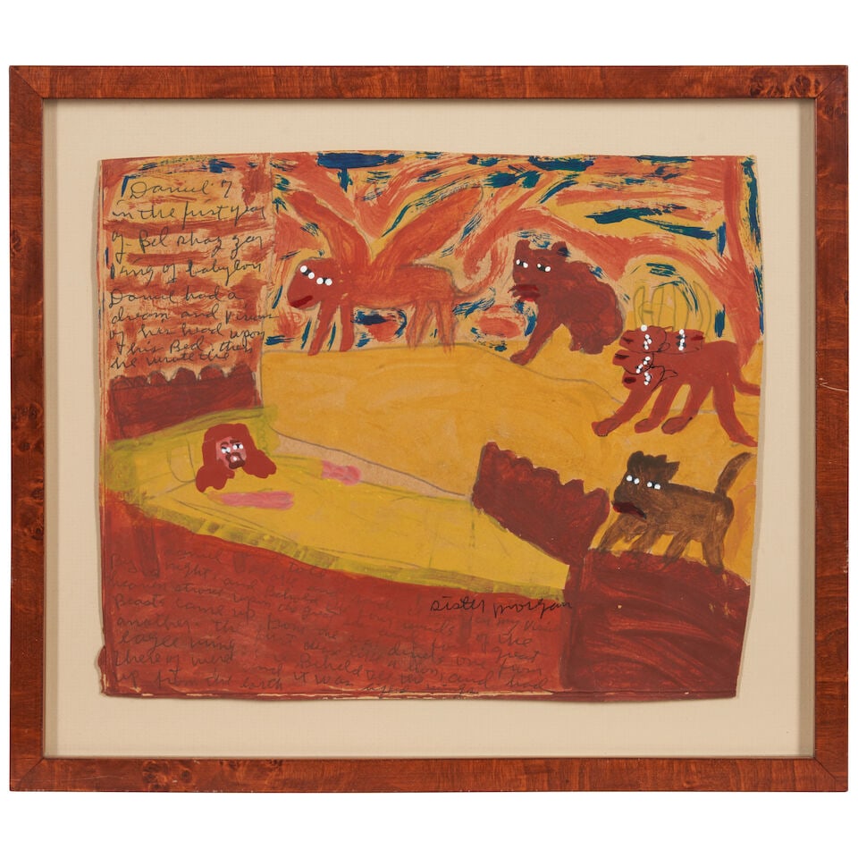 Sister Gertrude Morgan (1900-1980) Daniel 7 sheet 9 1/2 x 11 in. (24.1 x 27.9 cm.): Sister Gertrude Morgan (1900-1980) Daniel 7 signed 'SISTER MORGAN' (center right) gouache and pen on paper sheet 9 1/2 x 11 in. (24.1 x 27.9 cm.) For further information on this lot please visit Bonha