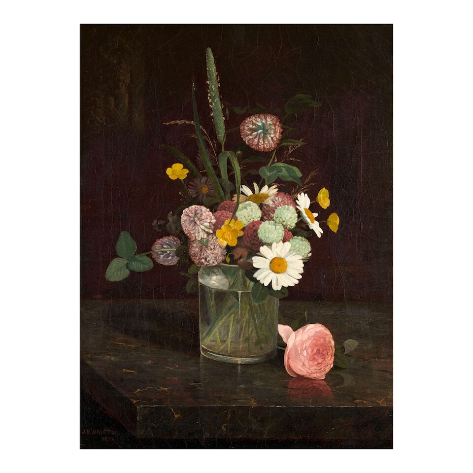 John Bunyan Bristol (1826-1909) Still Life of Flowers in a Glass Vase 16 x 12 in. (40.6 x 30.5 c...: John Bunyan Bristol (1826-1909) Still Life of Flowers in a Glass Vase signed and dated 'J.B. BRISTOL / 1856' (lower left) oil on canvas 16 x 12 in. (40.6 x 30.5 cm.) Painted in
