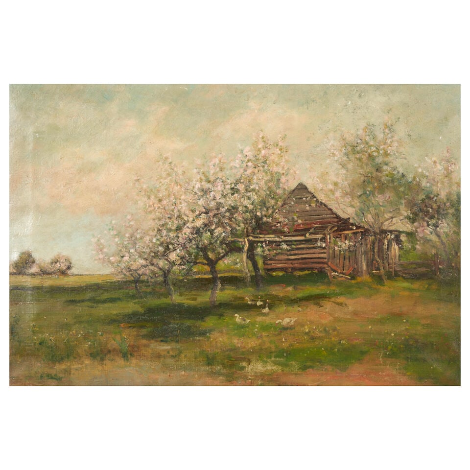 Max Weyl (1837-1914) Landscape with a Cabin and Apple Blossoms 18 x 26 in. (45.7 x 66.0 cm.): Max Weyl (1837-1914) Landscape with a Cabin and Apple Blossoms signed 'MAX WEYL' (lower right) oil on canvas 18 x 26 in. (45.7 x 66.0 cm.) For further information on this lot please visit