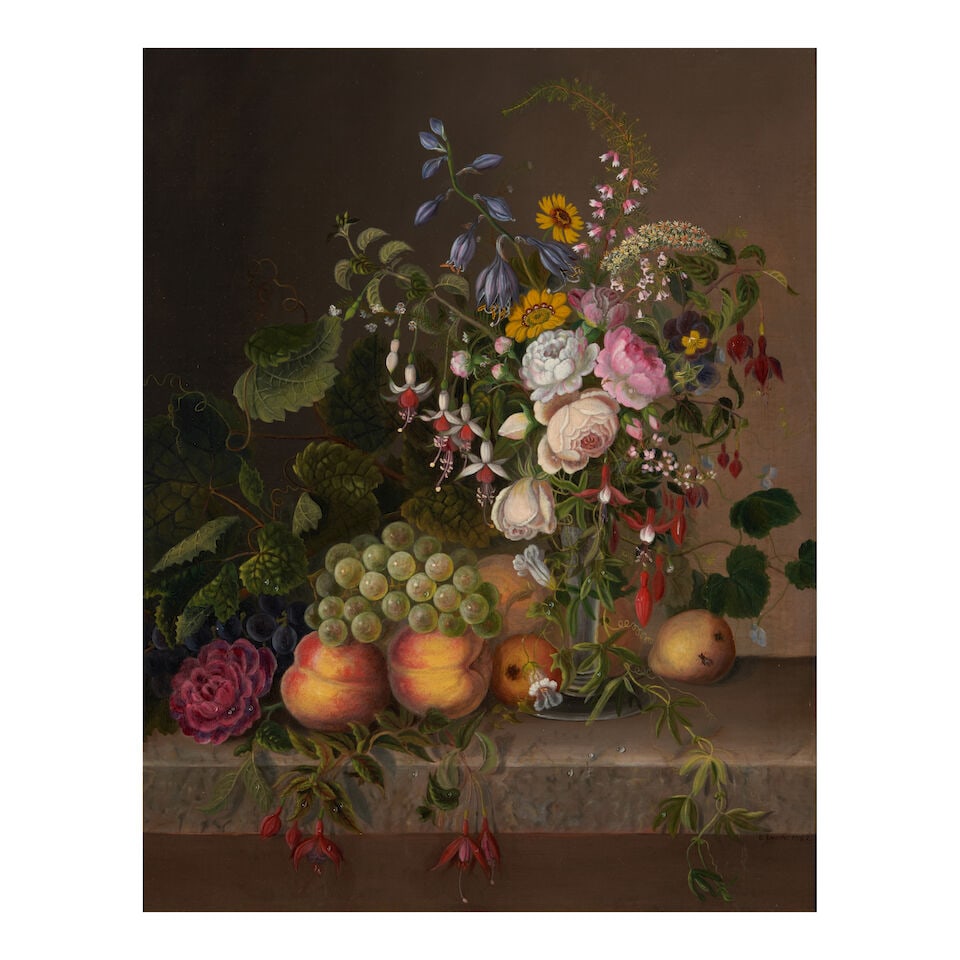 Elizabeth Lynde (19th Century) Still Life with Fruit, Columbine, and Roses on a Stone Ledge 20 1... (1 of 3)