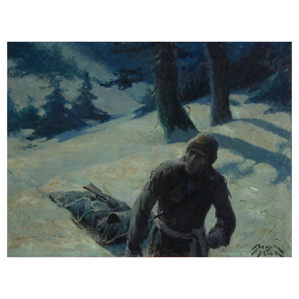 Frank Stick (1884-1966) 'Wait for me, I'll be back' 22 x 29 in. (55.9 x 73.7 cm.) (Painted circa...: Frank Stick (1884-1966) 'Wait for me, I'll be back' signed 'Frank Stick' (lower right) and indistinctly inscribed (in pencil on the reverse) oil on canvas 22 x 29 in. (55.9 x 73.7 cm.) Painted circa 1