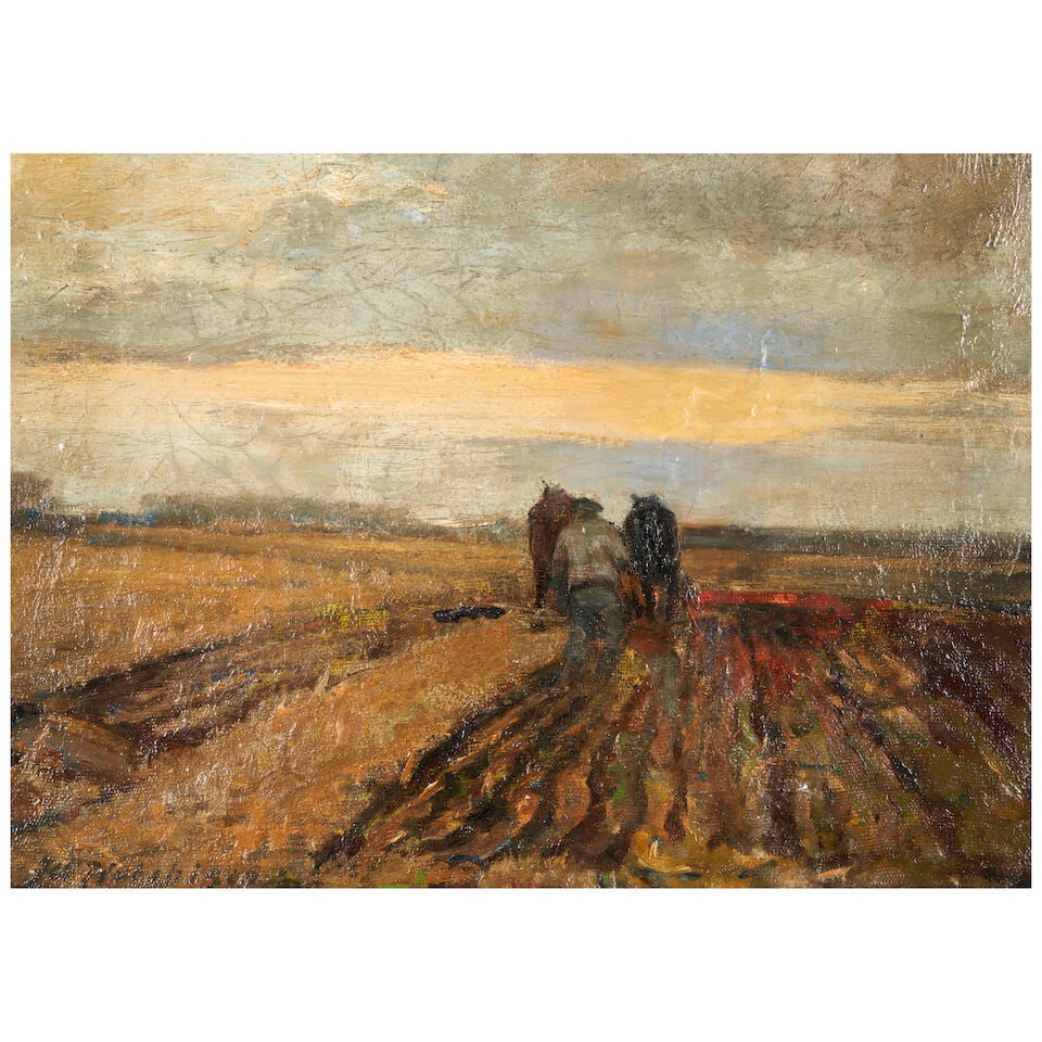 Frederick William Hutchison (1871-1953) Working the Fields 13 x 18 1/8 in. (33.0 x 46.0 cm.): Frederick William Hutchison (1871-1953) Working the Fields signed 'FW Hutchison' (lower left) oil on canvas 13 x 18 1/8 in. (33.0 x 46.0 cm.) For further information on this lot please visit Bonhams.c
