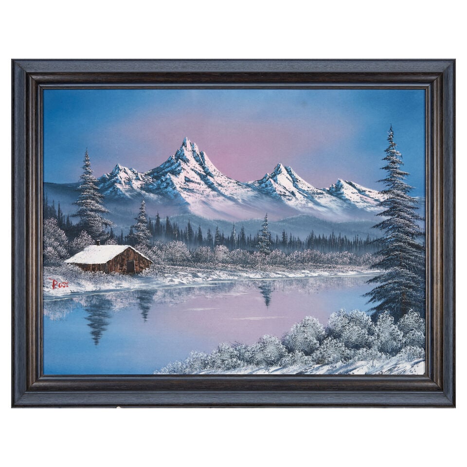 Bob Ross (1942-1995) Winter Landscape with Snow-Capped Mountains, Lake and Cabin 18 x 24 in. (45... (1 of 4)