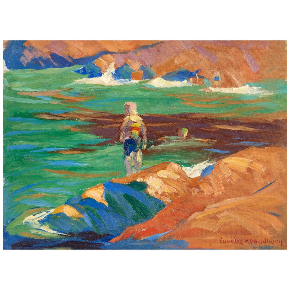 Charles Herbert Woodbury (1864-1940) Bather on the Rocks 12 x 16 in. (30.4 x 40.6 cm.): Charles Herbert Woodbury (1864-1940) Bather on the Rocks signed 'Charles H Woodbury' (lower right) oil on canvasboard 12 x 16 in. (30.4 x 40.6 cm.) Footnotes: Provenance Clarke Galleries, American