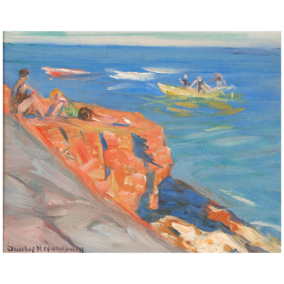 Charles Herbert Woodbury (1864-1940) Red Rocks Bathers 8 x 10 in. (20.3 x 25.4 cm.) (Painted in ...: Charles Herbert Woodbury (1864-1940) Red Rocks Bathers signed 'Charles H Woodbury' (lower left) and signed, dated 'August 12, 1932' and further inscribed (on the reverse) oil on board 8 x 10 in.