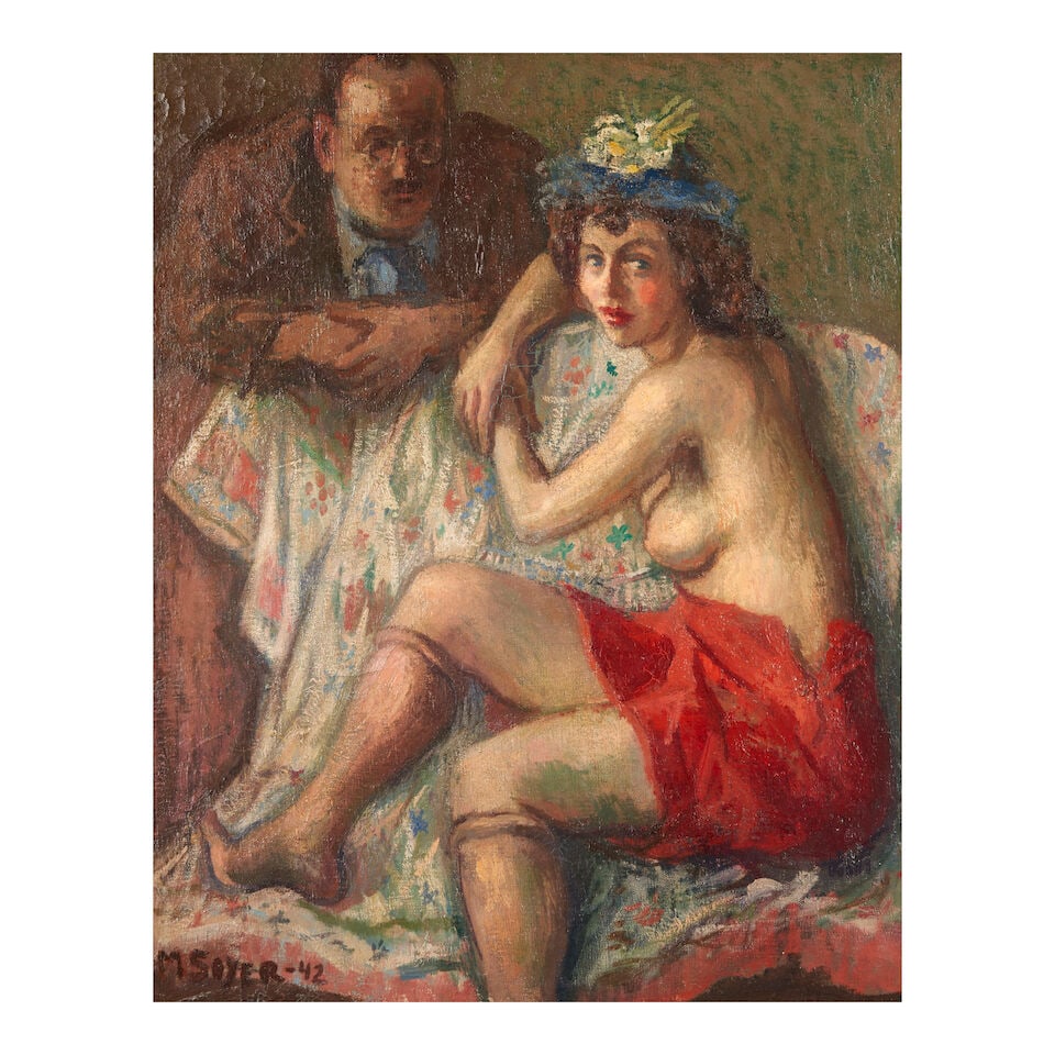 Moses Soyer (1899-1974) Proposition 20 x 16 1/4 in. (50.8 x 41.3 cm.) (Painted in 1942.): Moses Soyer (1899-1974) Proposition signed and dated 'M SOYER -42' (lower left) oil on canvas 20 x 16 1/4 in. (50.8 x 41.3 cm.) Painted in 1942. Footnotes: Provenance Mr. and Mrs. Bernard Hoffman. For