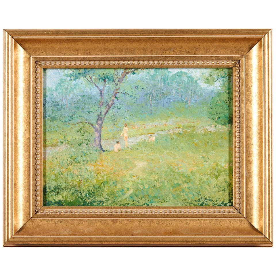 Louis Feuchter (1885-1957) Bathing in the River at Springtime 9 x 12 1/4 in. (22.9 x 31.1 cm.): Louis Feuchter (1885-1957) Bathing in the River at Springtime oil on board 9 x 12 1/4 in. (22.9 x 31.1 cm.) For further information on this lot please visit Bonhams.com For further information about t