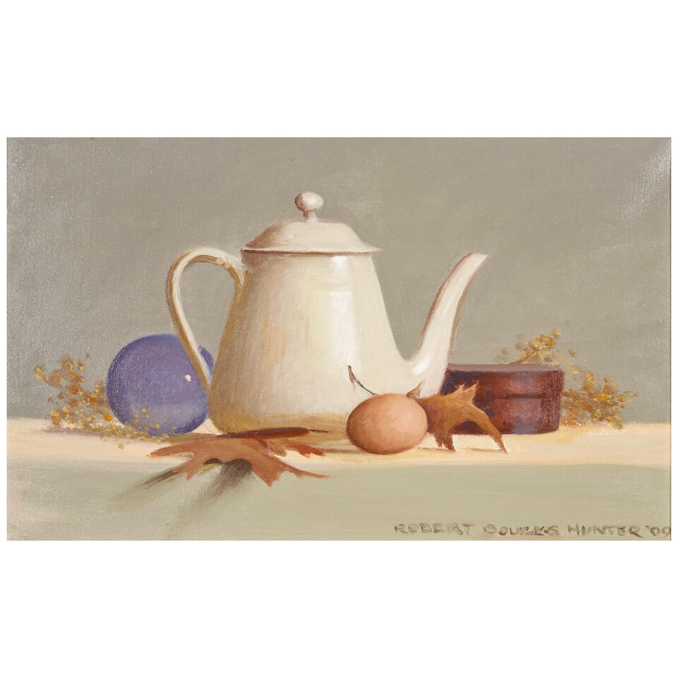 Robert Douglas Hunter (1928-2014) Still Life with a Teapot, Leaves, and Egg 10 x 16 in. (25.4 x ...: Robert Douglas Hunter (1928-2014) Still Life with a Teapot, Leaves, and Egg signed and dated 'ROBERT DOUGLAS HUNTER '09' (lower right) oil on canvas 10 x 16 in. (25.4 x 40.6 cm.) Painted in
