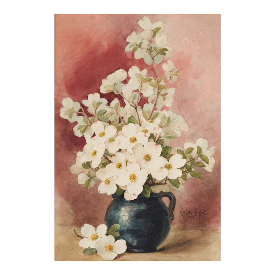 Paul de Longpre (American, 1855-1911) Dogwood Blossoms in a Blue Vase (framed 80.3 x 59.4 x 3.5 ...: Paul de Longpre (American, 1855-1911) Dogwood Blossoms in a Blue Vase signed and dated 'Paul De Longpre / 1896' (lower right); with a label from Ainslie Galleries, New York, N.Y., (affixed to the