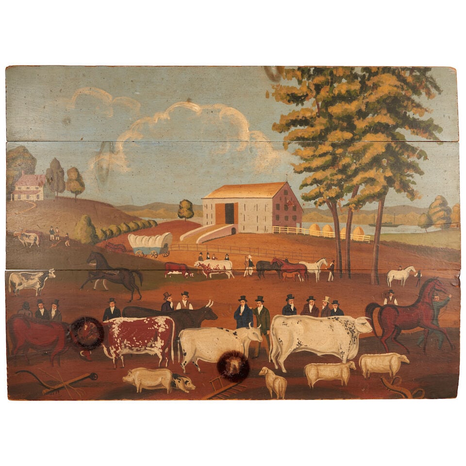 Livestock Auction Fireboard United States, 19th century: Livestock Auction Fireboard United States, 19th century Three-board panel oil painted to depict a sale of cattle, horses, sheep, and pigs, on the grounds of a riverside farm, wd. 40 1/2, dp. 1 1/2, ht