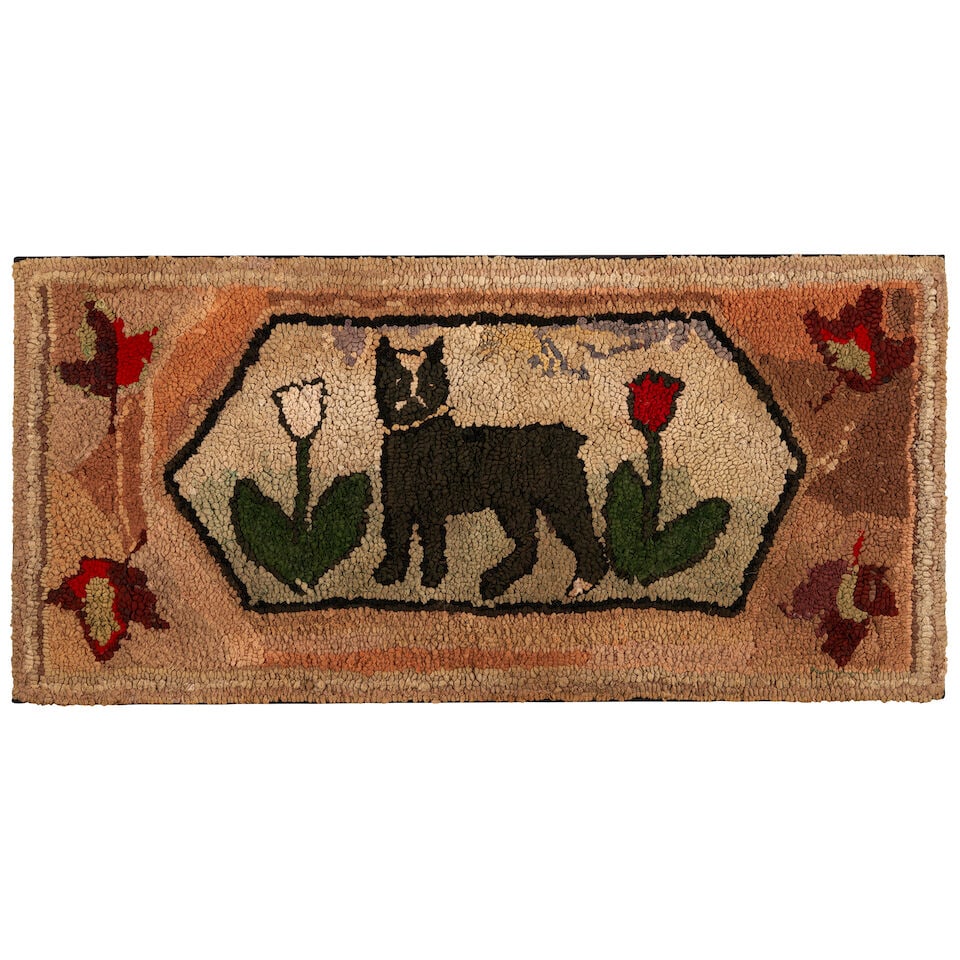 Hooked Rug with Dog and Tulips United States, early 20th century: Hooked Rug with Dog and Tulips United States, early 20th century Burlap canvas worked in varied woven textile strips, mounted on stretched twill for hanging, 19 x 40 in. This lot is subject to the fol